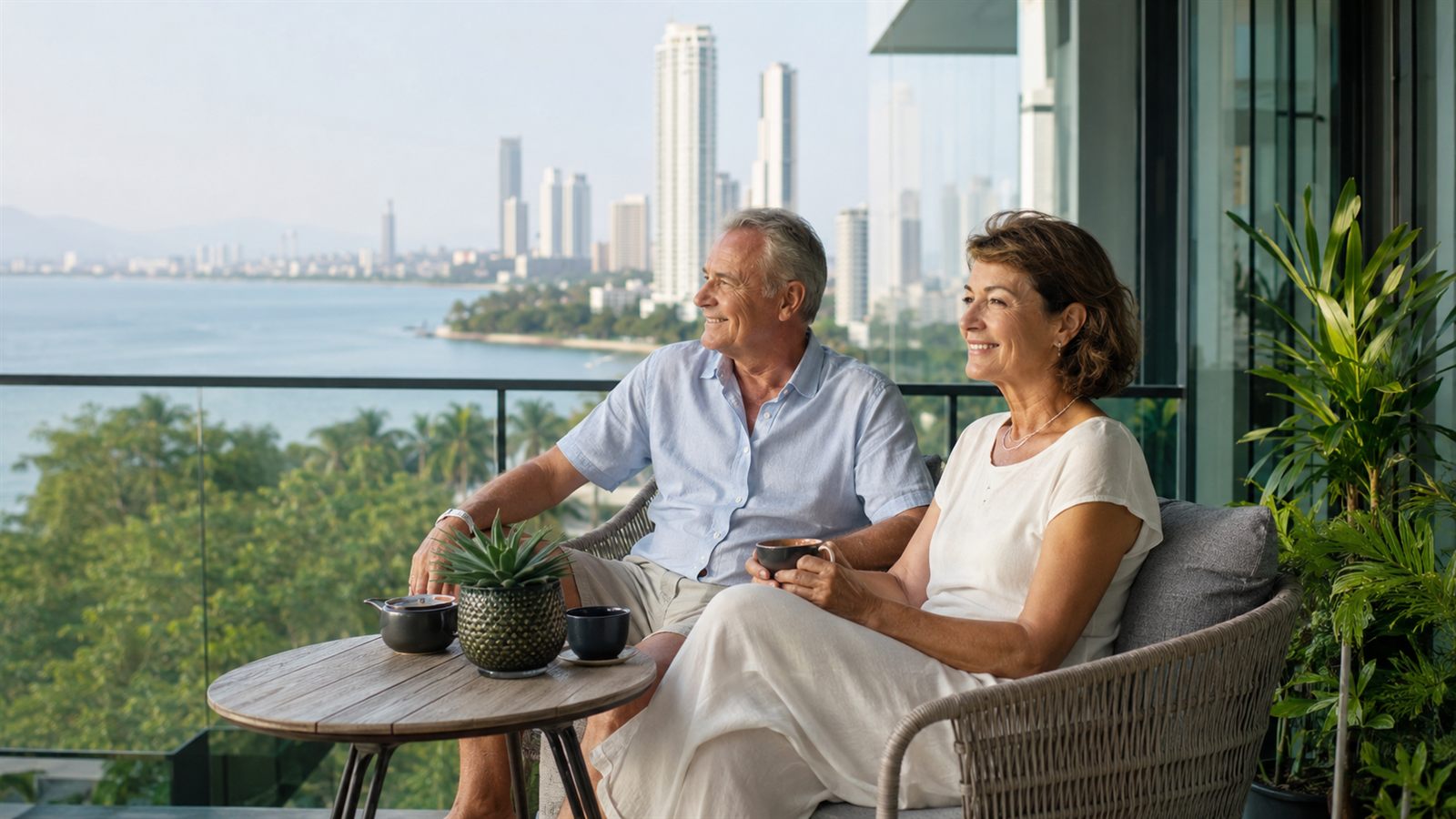 A retired couple relaxing with coffee on a balcony overlooking the sea and a Thai coastal city